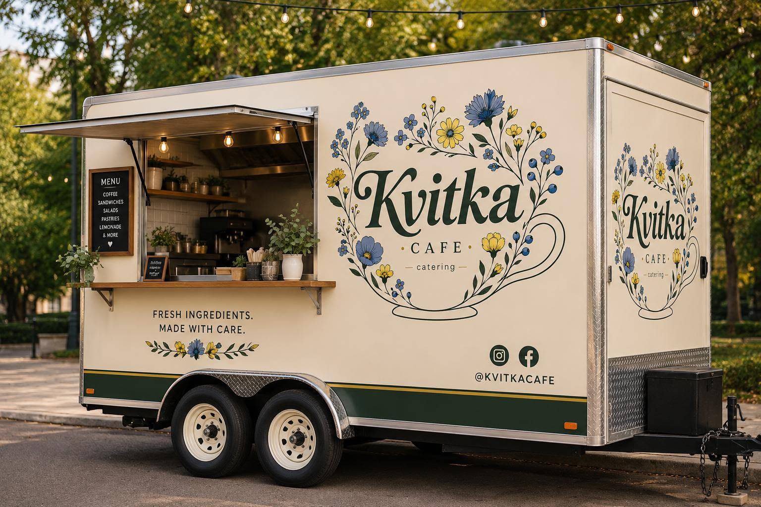 The Kvitka Cafe catering van with floral cup artwork, serving hatch open